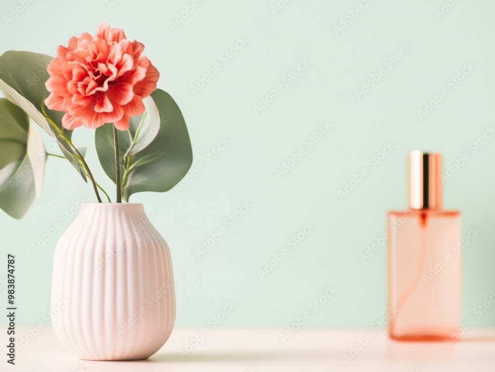 Poster abstract blurry red flower in pink vase with leaf background and symmetrical perfume bottle - high-d