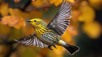 Vibrant Black-Throated Green Warbler Flitting Through Lush Foliage - Hyper-Realistic Nature Photography Capture