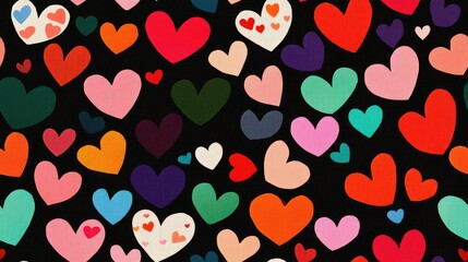 Fototapeta premium Pattern and design featuring colorful hearts against a black backdrop