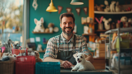 Smiling pet store owner standing behind the counter, happily greeting customers and their pets in a bright, friendly store