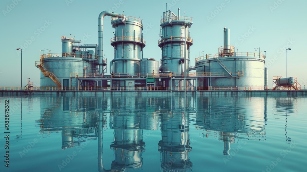 Wall mural Industrial complex by the water showcasing large storage tanks and processing facilities against a clear blue sky. Generative AI