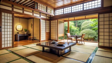 Fototapeta premium Tranquil space defined by tatami mats, sliding paper doors, and low-seating furnishings, evoking serenity and
