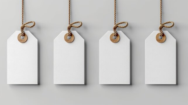 Minimalist blank tags hanging on twine against a simple gray wall, inviting creativity and personalization. Generative AI