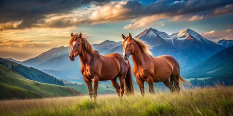 Two regal red horses inhabit a lush meadow, their majestic presence accentuated by the majestic mountain range