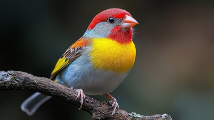 Vibrant Finch Close-Up: Detailed Macro Shot of Colorful Bird Perched on Branch with Unique Beak and Plumage