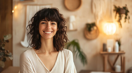 Smiling wellness business owner welcoming clients into a meditation studio, the warm light and soothing decor creating a sense of calm