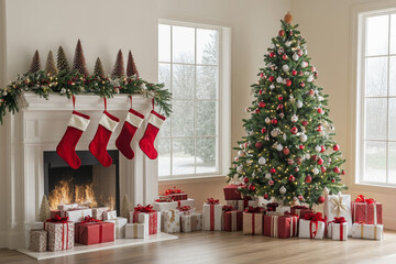 Festive Living Room Scene with Christmas Tree and Red and White Baubles