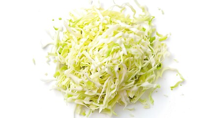 Top view of a shredded cabbage pile centered on a white background, showcasing the fine texture of the cut pieces.