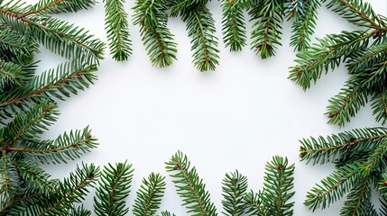 Cluster of green spruce branches arranged in a circular pattern in the center of the image, with ample white space around for design.