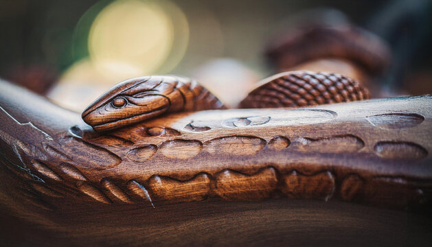 A wooden snake is curled on a tree branch, its body tightly wound around the wood. Soft warm background with bokeh effect.