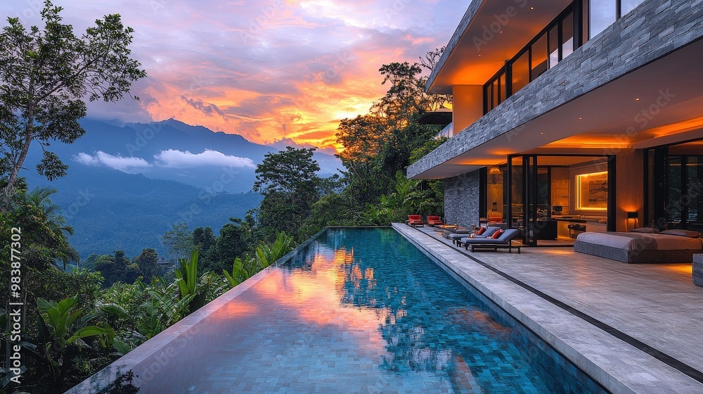 Poster luxury infinity pool with mountain view at sunset