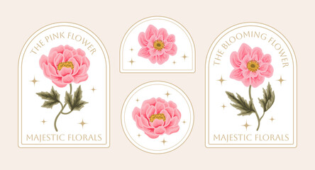 Vintage hand drawn botanical flower logo and label set with rose, daisy, gerbera, peony florals, greeneries illustration, line art frame for decoration, shop branding, beauty and feminine products