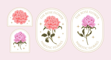 Vintage hand drawn botanical flower logo and label set with rose, daisy, gerbera, peony florals, greeneries illustration, line art frame for decoration, shop branding, beauty and feminine products