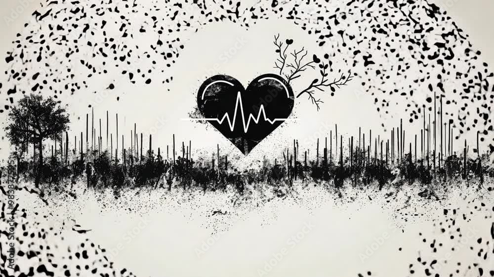 Poster a unique illustration features a heart formed by various elements, showcasing a heartbeat line and n