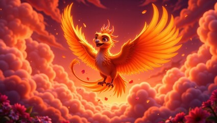 Obraz premium A cartoon phoenix with golden feathers soars through a fiery sunset sky.