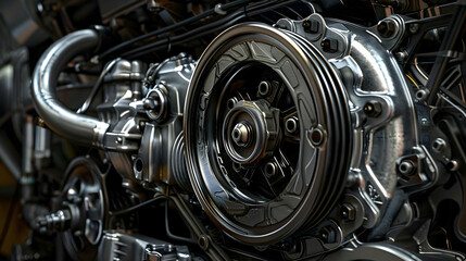A Detailed Close-Up of a Shiny Metal Engine, Capturing the Intricate Gears and Precise Engineering of the Machine.
