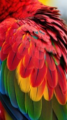 Obraz premium Close-up of vibrant parrot feathers with red, yellow, green, and blue colors. Detailed bird plumage. Nature and wildlife concept for posters and wallpapers