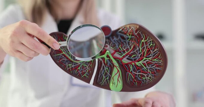 Doctor examines a model of liver using a magnifying glass
