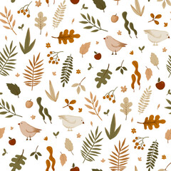 Autumn floral seamless background, Brown colors seamless pattern, leaves, branch, birds. Dark background