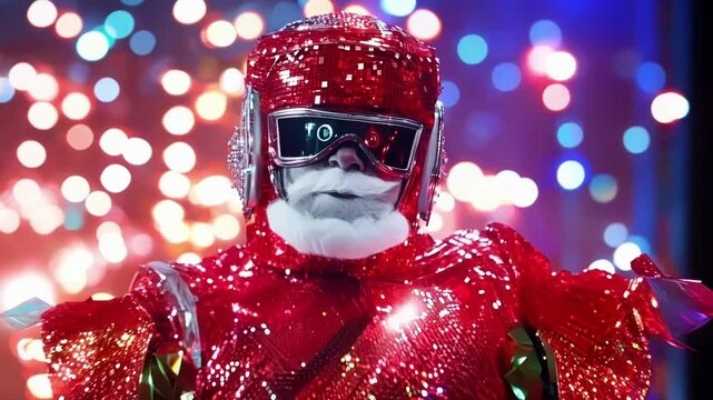 Cool santa claus from the future is partying and dancing in a red sequin costume and digital glasses with a blurred colorful background