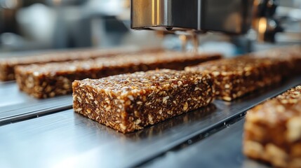 Closeup of Nutty Granola Bars on Conveyor Belt in Factory
