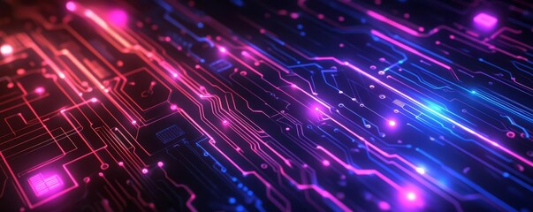 Obraz premium A 3D futuristic circuit board backdrop with neon lights running through it, creating an electric, hightech vibe for a concert or event, bright colors, dynamic lighting, high energy