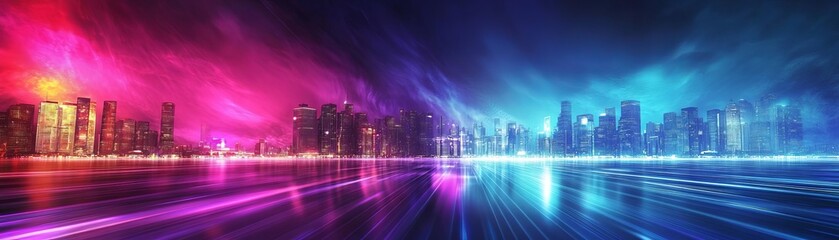 A 3D projectionmapped stage backdrop with a city skyline transforming into a futuristic digital landscape, vibrant colors, dynamic lighting, modern setting