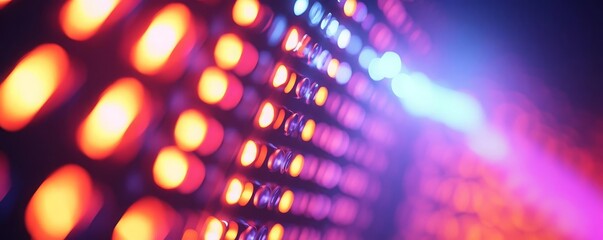A closeup of stage lights with a bokeh effect, soft focus on the backdrop with abstract patterns, vibrant colors, blurred lights, artistic composition, concert atmosphere