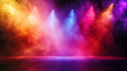A concert stage with a psychedelic light show projected onto a black backdrop, creating a vibrant and mindbending visual effect, dynamic colors, high contrast, energetic mood