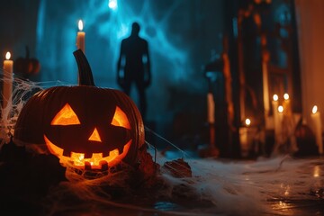 Obraz premium A spooky indoor setting with a glowing Jack-o'-lantern surrounded by tall candles