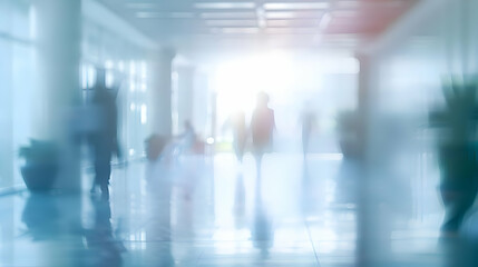 Blurry Silhouettes of People Walking Through a Bright, Modern Office Hallway with a White Ceiling and Glass Walls, Creating an Abstract Background Image