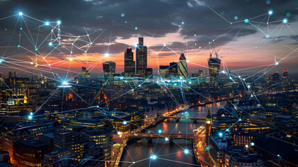 A Nighttime View of a City Skyline with a Network of Connected Lights, Connecting Buildings and Streets