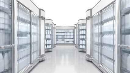 Aisle between rows of commercial freezer display cabinets with blank dairy products. 3d illustration