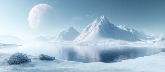 Snowy Mountain Landscape with a Large Moon in the Sky