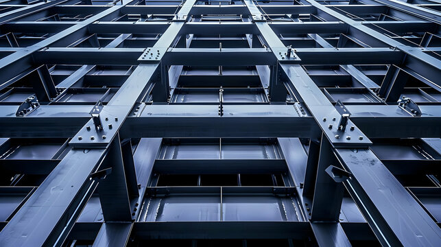 A Low Angle View of a Steel Structure with a Complex Grid of Beams and Supports, Demonstrating the Strength and Precision of Modern Construction