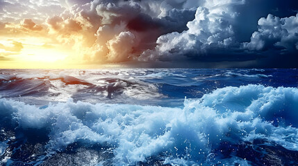 Fototapeta premium Dramatic Seascape with Foamy Waves Crashing Under a Sky of Dark and Golden Clouds