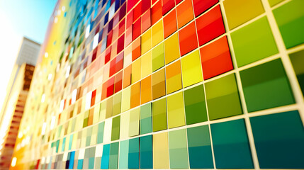 Vibrant Color Palette Displayed on a Wall, Creating a Geometric Pattern with Squares of Red, Orange, Yellow, Green, Blue, and Purple Hues