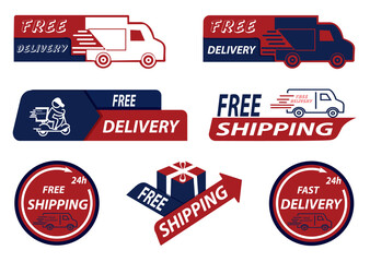 Set of free delivery, free shipping icons. Truck, scooter, parcel and label illustration. Free delivery service 24 hours logo badge. Free shipping order icon PNG