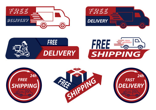 Set of free delivery, free shipping icons. Truck, scooter, parcel and label illustration. Free delivery service 24 hours logo badge. Free shipping order icon PNG