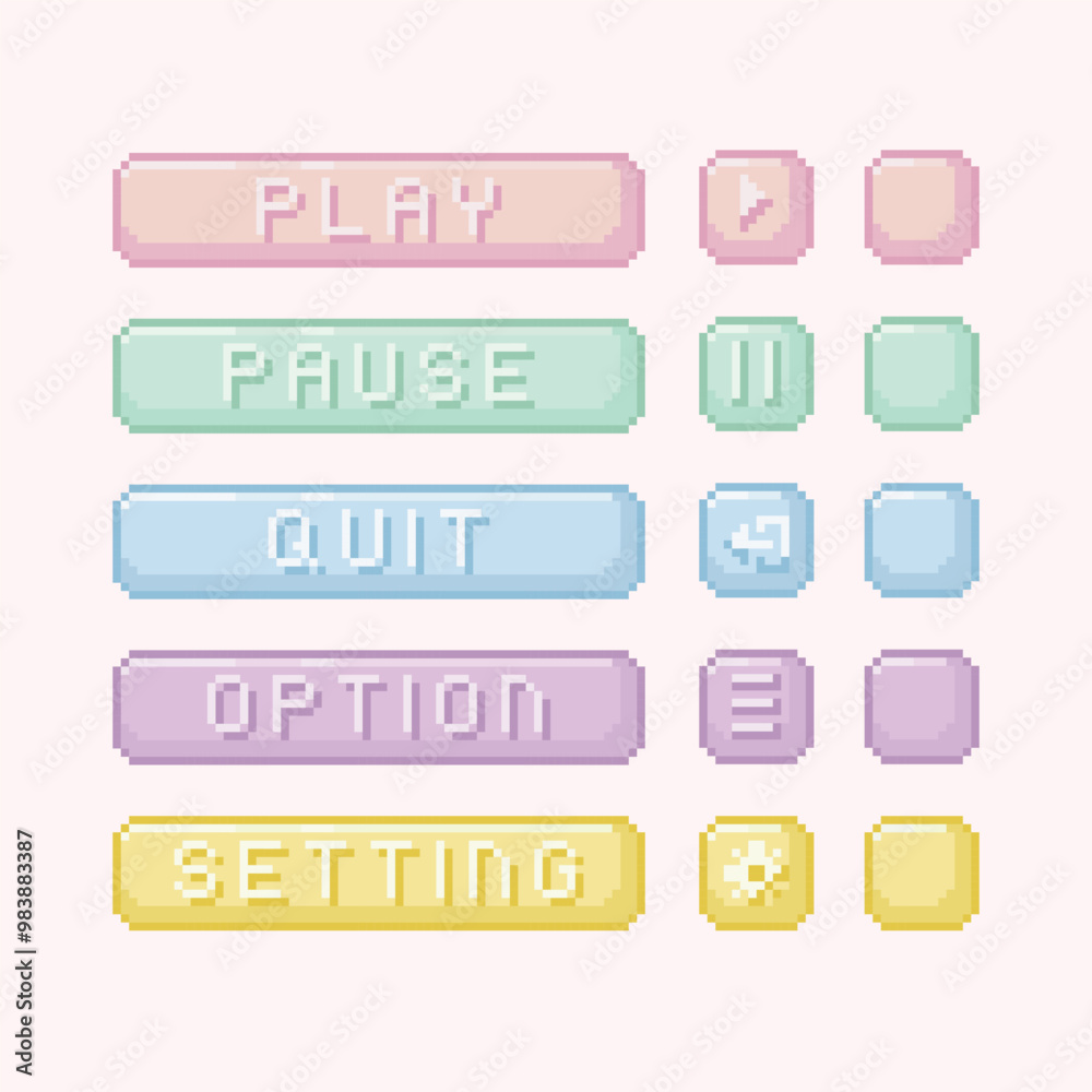 Sticker pastel interface menu bar button 8 bit pixel art collection set. computer game text and icon for pla