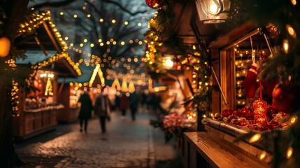 Naklejka premium decorated christmas market stalls with lights and festive ornaments, a magical atmosphere on a cozy winter evening, people shopping and enjoying the holiday season. Happy New Year Merry Christmas