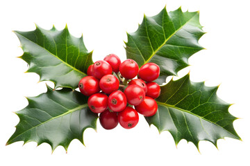 Close-up of holly sprig with red berries and green leaves