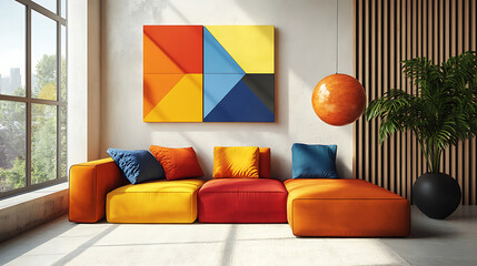 Colorful multicolored sofas, Minimalist interior design of modern living room with colorful multicolored sofa against concrete wall,Japandi, minimalist interior design of modern living room. Ai