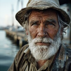 Portrait of an elderly man with a beard, smiling warmly, wearing a hat, showcasing his wrinkled face and expressive eyes