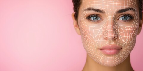 Close-Up of a Woman's Face with Futuristic Digital Grid Overlay on Skin