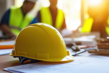 A yellow hard hat sits on a desk filled with blueprints and construction tools,