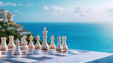 Strategic negotiation displayed as a chessboard graphic on a sleek monitor, with a stunning ocean view under a clear sky, emphasizing the calculated moves in a negotiation