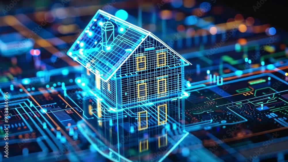 Aufkleber a glowing outline of a house is displayed above a circuit board, symbolizing the fusion of modern ar