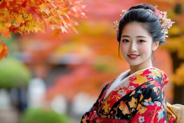 Fototapeta premium A young Japanese woman is outdoors in a vibrant autumn setting,