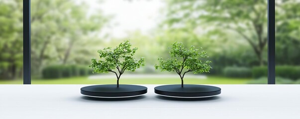 Business rapport visualized as two interlinked circles on a digital interface, with a serene garden visible outside, symbolizing the importance of relationship-building in business